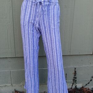 Blue Striped Wide Leg Pants, Linen Cotton Blend, Womdns Medium, Coastal Natural